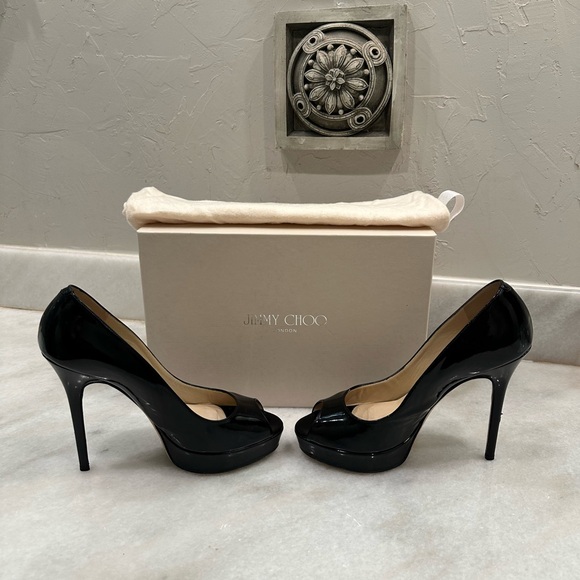 Jimmy Choo Crown Patent Black Leather Peep Toe Heel - Picture 5 of 13